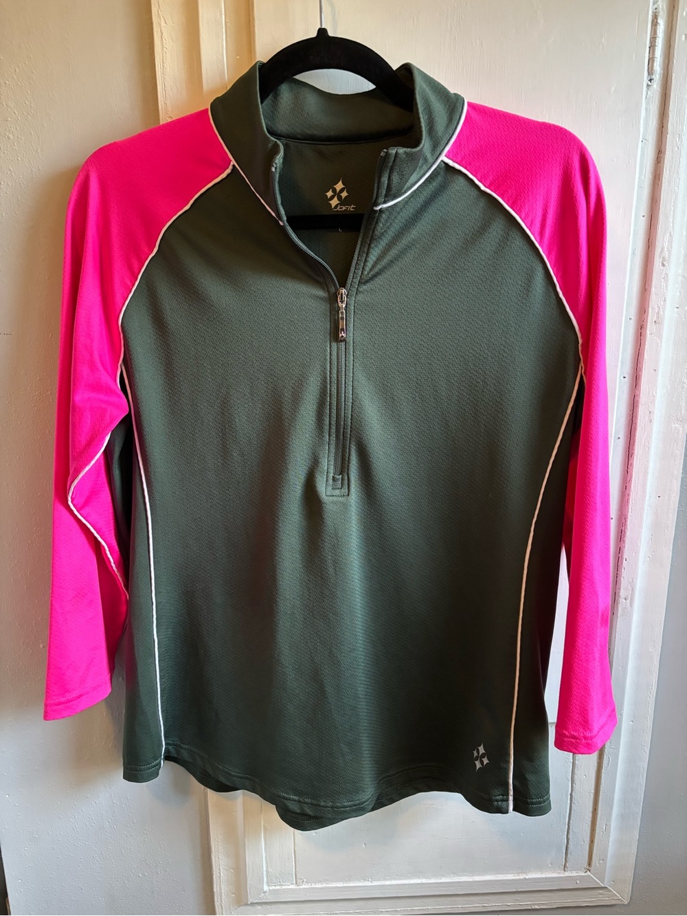 Jofit Olive Green Half-Zip Top with Hot Pink Raglan Sleeves